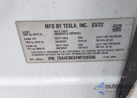 2022 Tesla Model X Plaid Tri Motor All-Wheel Drive z USA, uszkodzony, nr VIN 7SAXCBE62NF336596